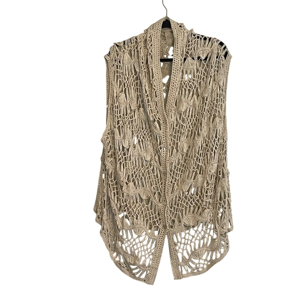 Hem & Thread Cream Macrame Crochet Long Vest Button Front One Size Boho Festival
